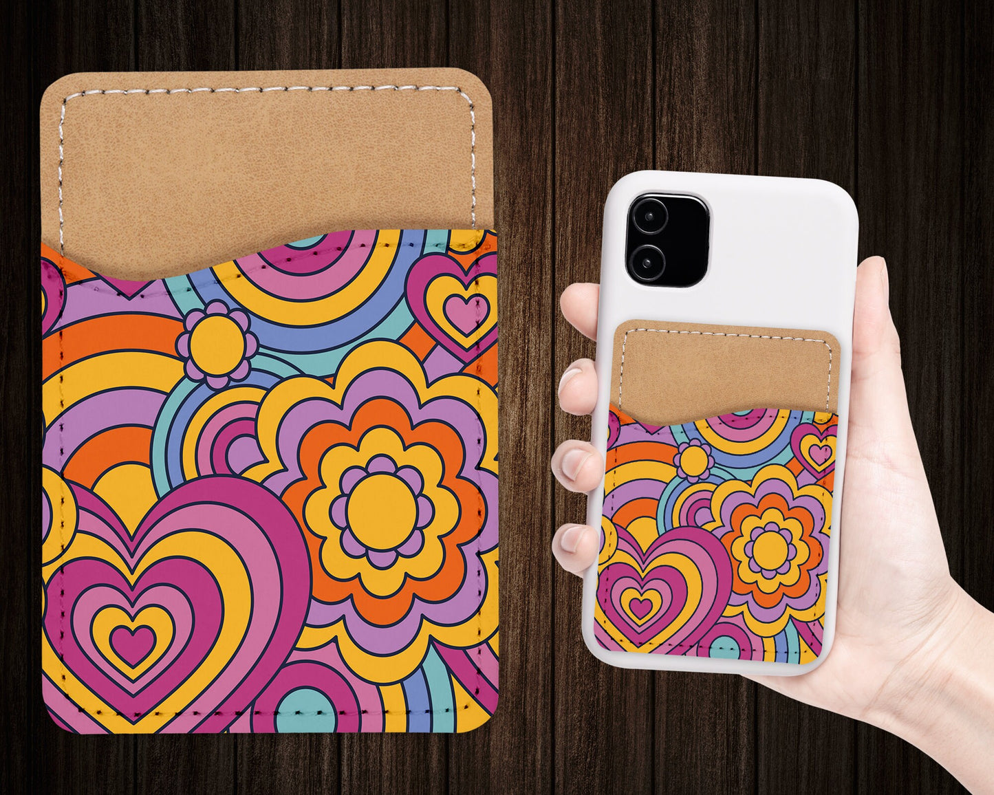 Retro Groovy Design Phone Wallet - 70s 80s Adhesive PU Leather Card Holder For Phone - Custom Gift - Stick on Pocket - Card Caddy