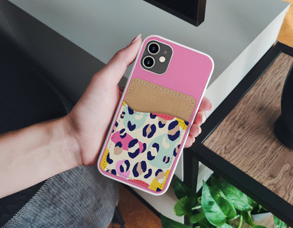 Cute Colorful Leopard Phone Wallet - Adhesive PU Leather Card Holder For Phone - Animal Print Custom Gift - Stick on Pocket - Card Caddy