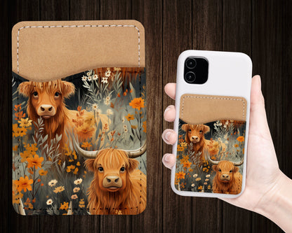 Highland Cow Design Phone Wallet - Adhesive PU Leather Card Holder For Phone  - Custom Gift - Stick on Pocket - Card Caddy