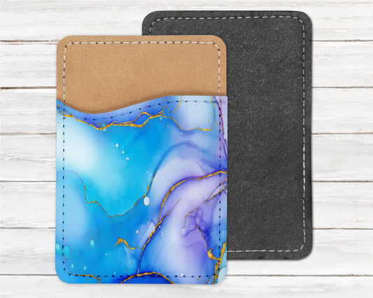 Blue Marbled Phone Wallet - Adhesive PU Leather Card Holder For Phone - Alcohol ink  - Custom Gift - Stick on Pocket - Card Caddy