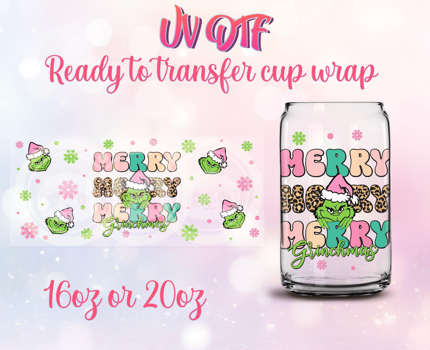 UV DTF Ready to Transfer Cup Wraps - Christmas Design DIY 16oz and 20oz Prints - Libbey Glass Can - Customizable