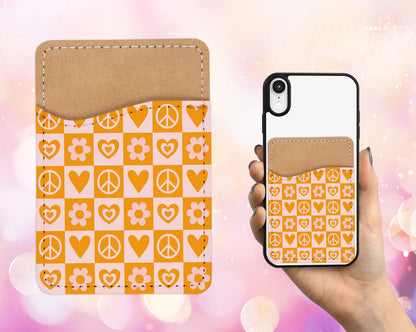 Retro Checkered Design Phone Wallet - 70s 80s Groovy Adhesive PU Leather Card Holder For Phone - Custom Gift - Stick on Pocket - Card Caddy