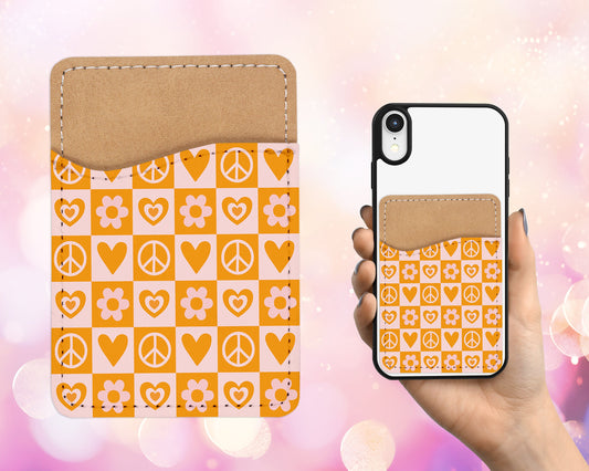 Retro Checkered Design Phone Wallet - 70s 80s Groovy Adhesive PU Leather Card Holder For Phone - Custom Gift - Stick on Pocket - Card Caddy