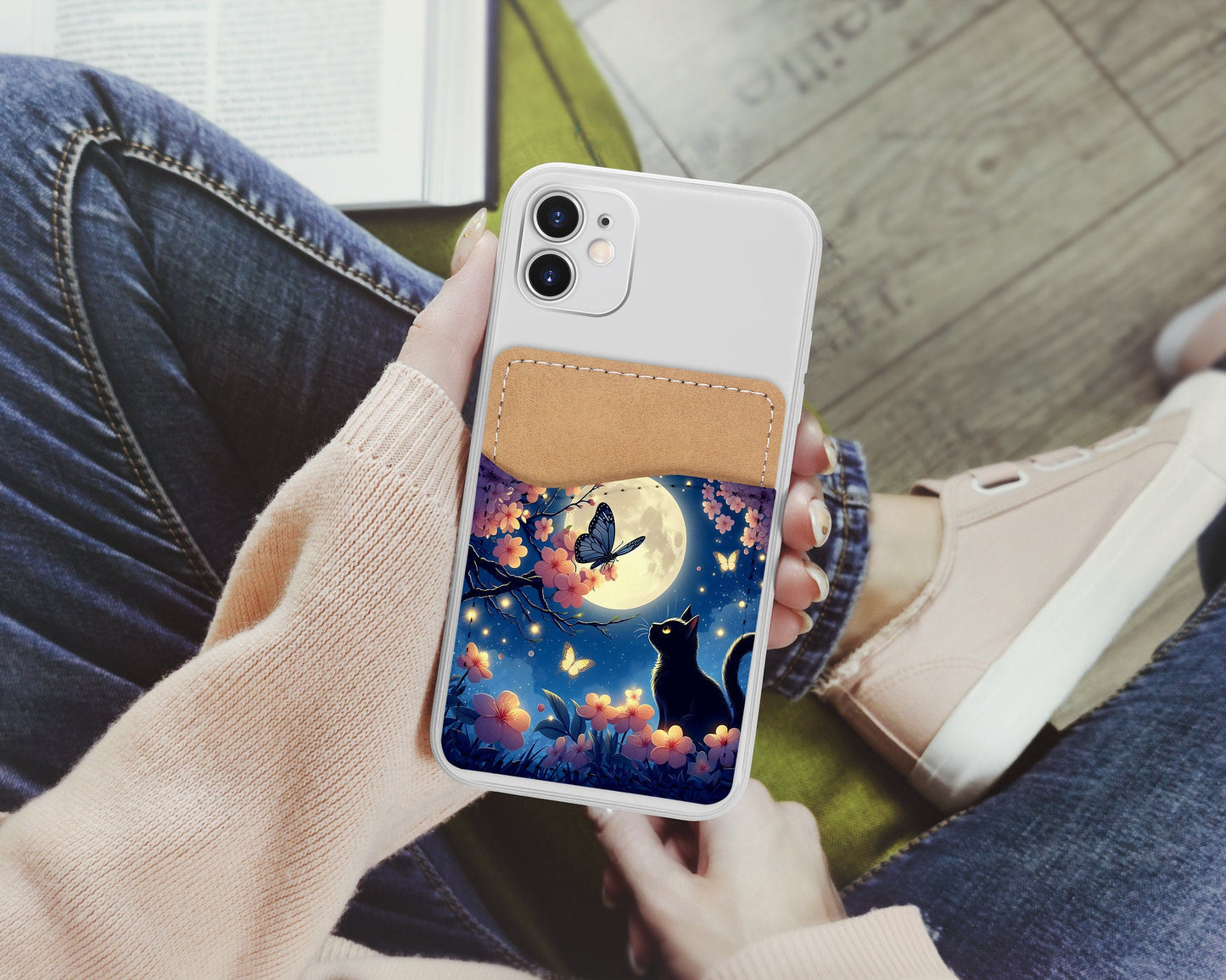 Cat Under the Moon Phone Wallet - Adhesive PU Leather Card Holder for Phone - Custom Gift - Stick on Pocket - Card Caddy