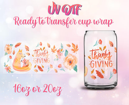 UV DTF Cup Wrap - Ready to Transfer - Cute - Fall - Thanksgivings DIY 16oz and 20oz Prints - Libbey Glass Can - Customizable