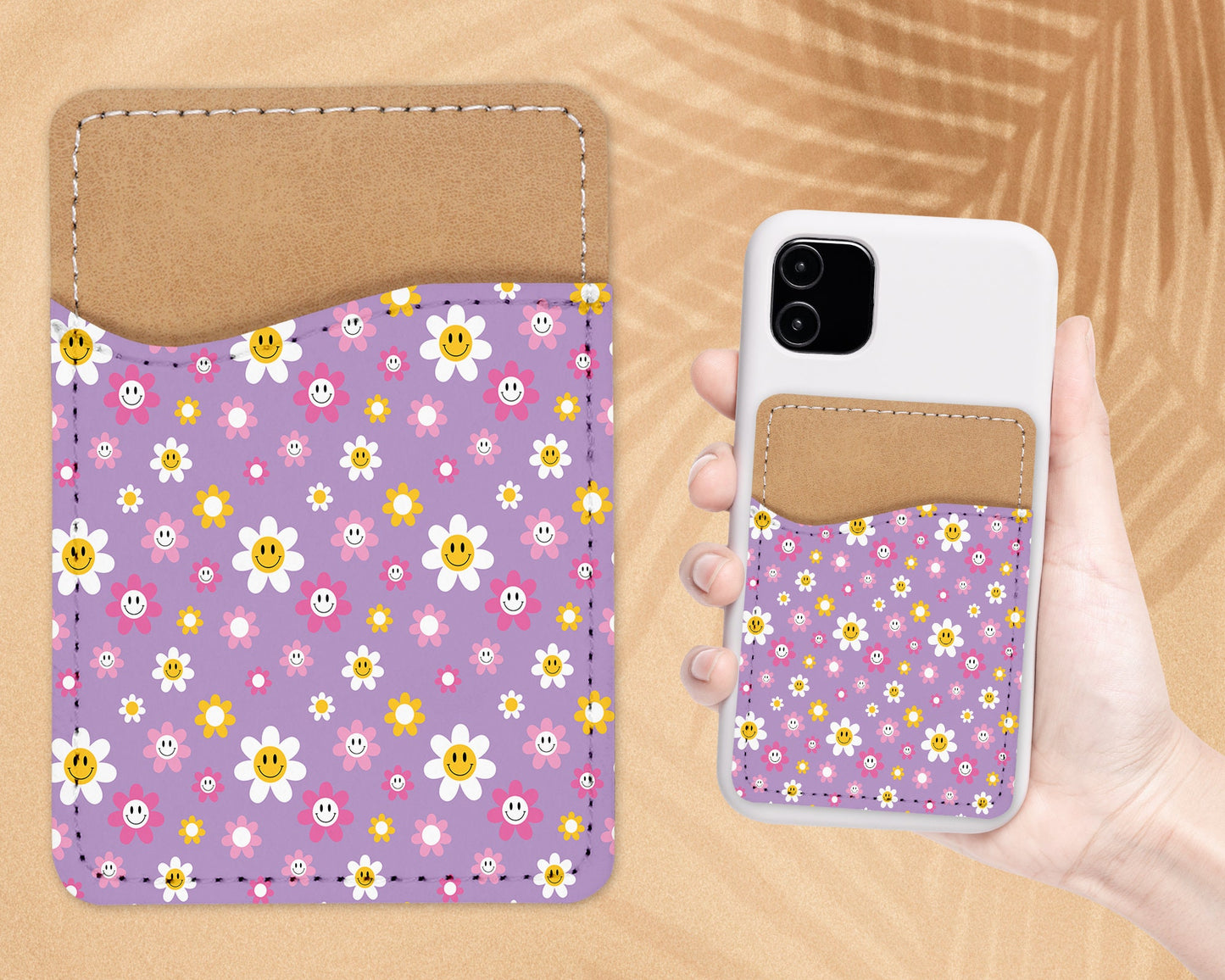 Lavender Retro Design Phone Wallet - 70s 80s Groovy Adhesive PU Leather Card Holder For Phone - Custom Gift - Stick on Pocket - Card Caddy