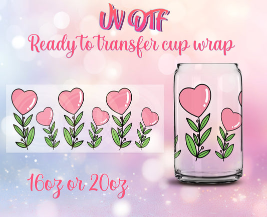 UV DTF Cup Wrap - Ready to Transfer  Heart Flowers Design DIY 16oz and 20oz Prints - Libbey Glass Can - Customizable