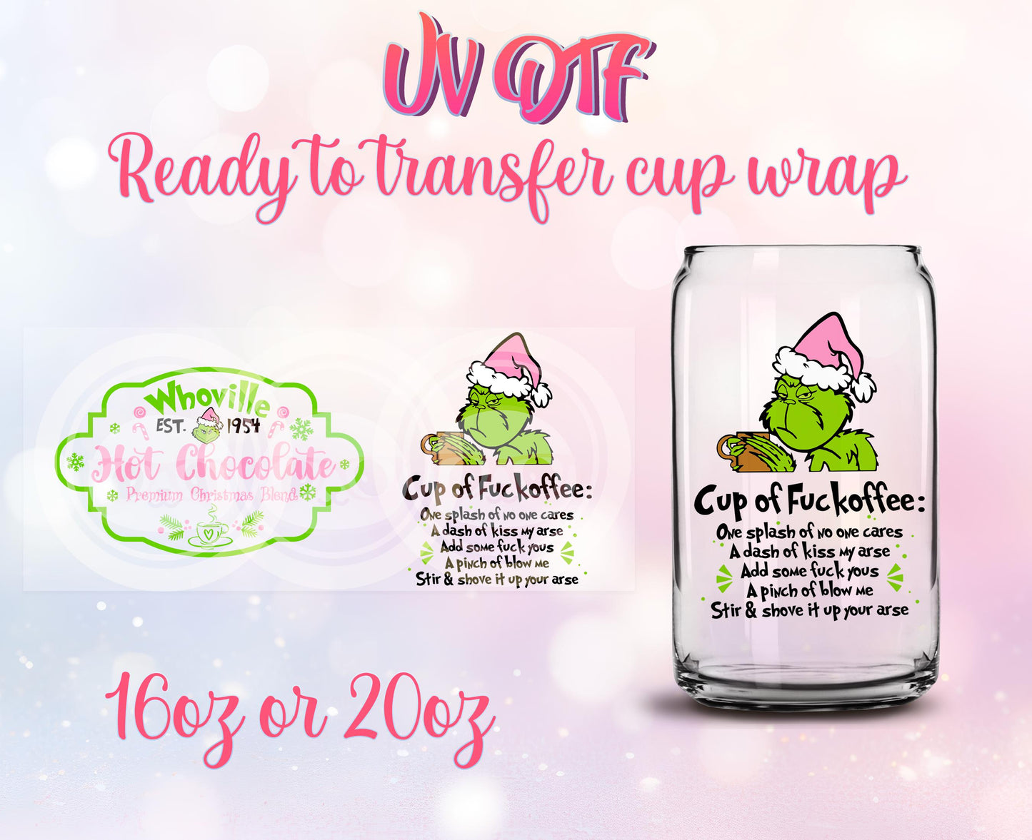 UV DTF Ready to Transfer Cup Wraps - Christmas Design DIY 16oz and 20oz Prints - Libbey Glass Can - Customizable