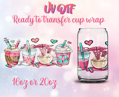 UV DTF Cup Wrap - Ready to Transfer - Nurse Design DIY 16oz and 20oz Prints - Libbey Glass Can - Customizable