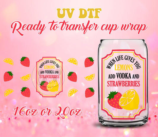 UV DTF Cup Wrap - Ready to Transfer  Strawberry Lemonade DIY 16oz and 20oz Prints - Libbey Glass Can - Customizable