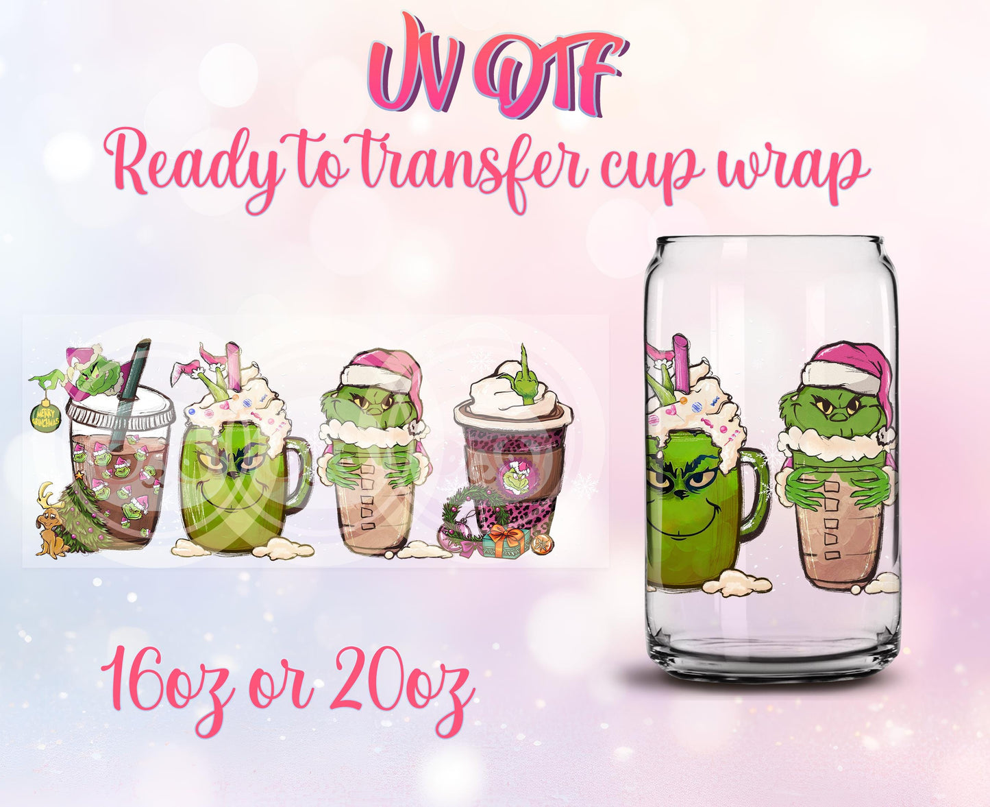 UV DTF Ready to Transfer Cup Wraps - Christmas Design DIY 16oz and 20oz Prints - Libbey Glass Can - Customizable
