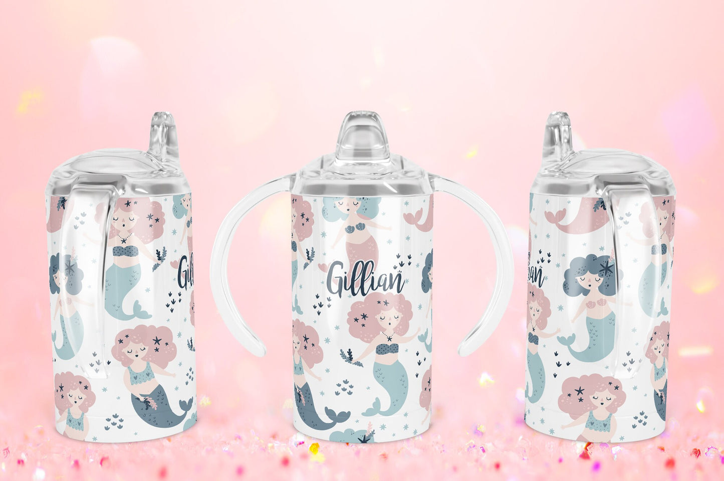 Custom 12oz Sippy Cup Tumbler - Cute Mermaid Design Bottle - Kids Travel Mug - Personalized Gift
