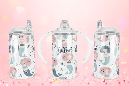 Custom 12oz Sippy Cup Tumbler - Cute Mermaid Design Bottle - Kids Travel Mug - Personalized Gift