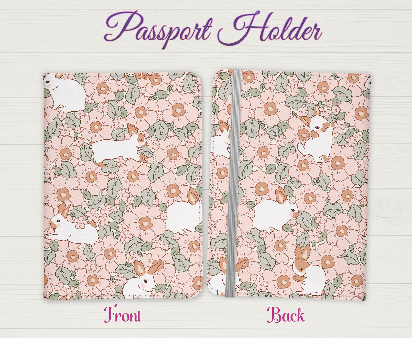 Flower and Bunny Easter Design Passport Cover - PU Leather Wallet Card Holder For Document - Custom Gift