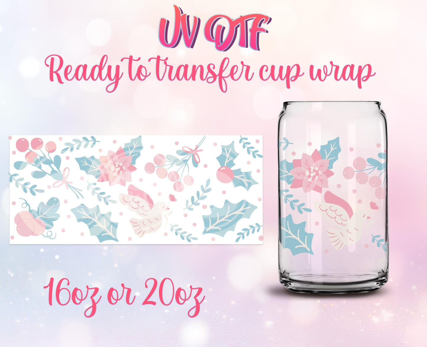 UV DTF Ready to Transfer Cup Wraps - Pastel Christmas Design DIY 16oz and 20oz Prints - Libbey Glass Can - Customizable