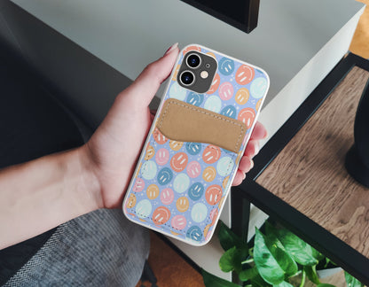 Smileys Design Phone Wallet - 70s 80s Groovy Adhesive PU Leather Card Holder For Phone - Custom Gift - Stick on Pocket - Card Caddy