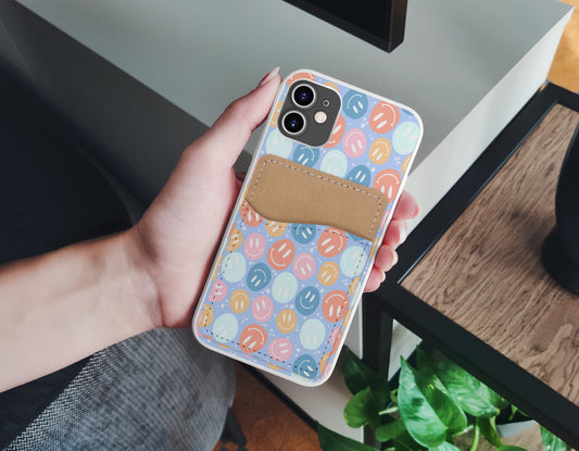 Smileys Design Phone Wallet - 70s 80s Groovy Adhesive PU Leather Card Holder For Phone - Custom Gift - Stick on Pocket - Card Caddy