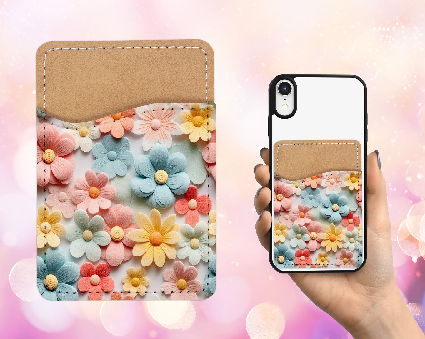 3D Flower Design Phone Wallet - Pastels Adhesive PU Leather Card Holder For Phone - Custom Gift - Stick on Pocket - Card Caddy