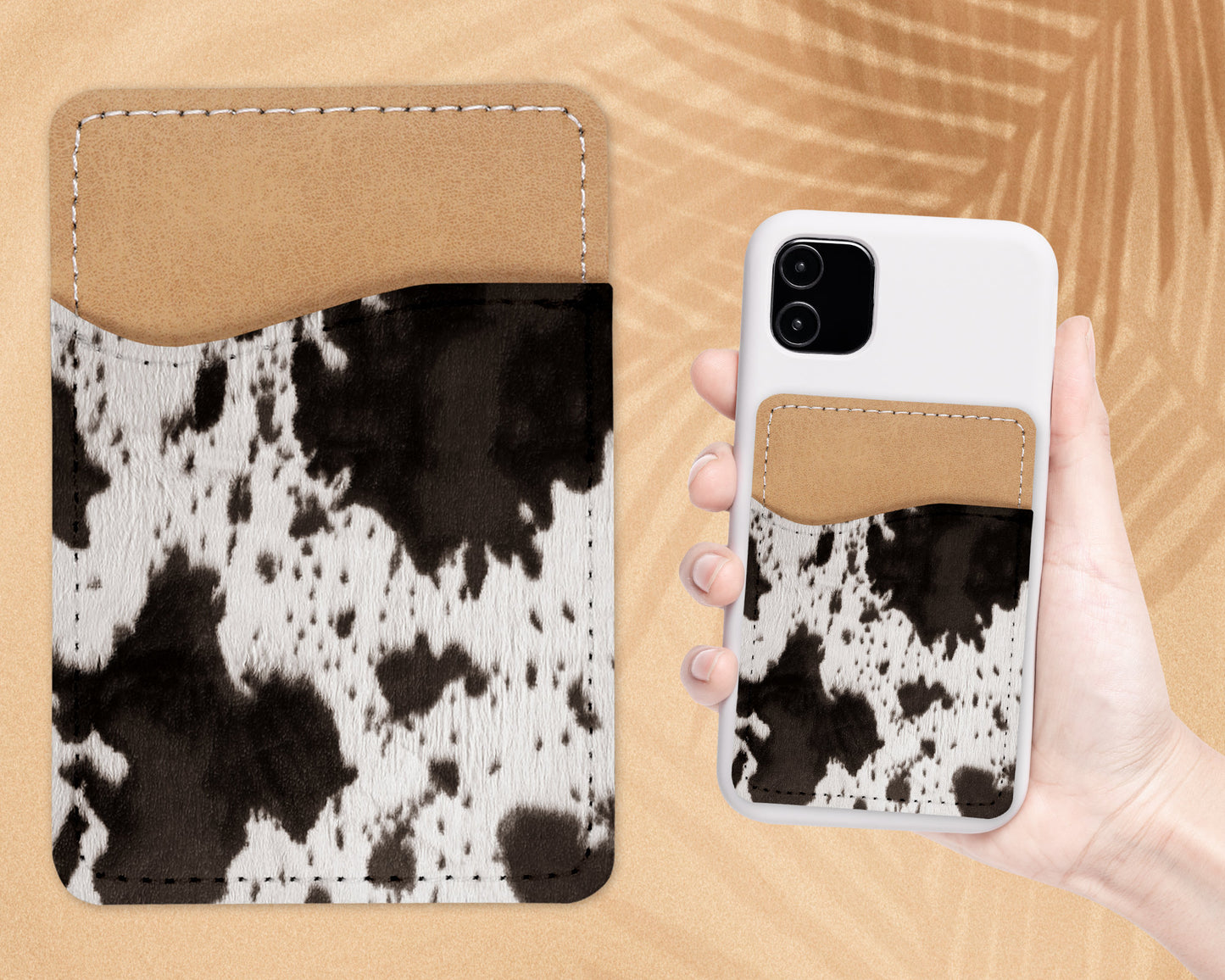 Fuzzy Cow Print Phone Wallet - Adhesive PU Leather Card Holder For Phone - Animal Print Custom Gift - Stick on Pocket - Card Caddy