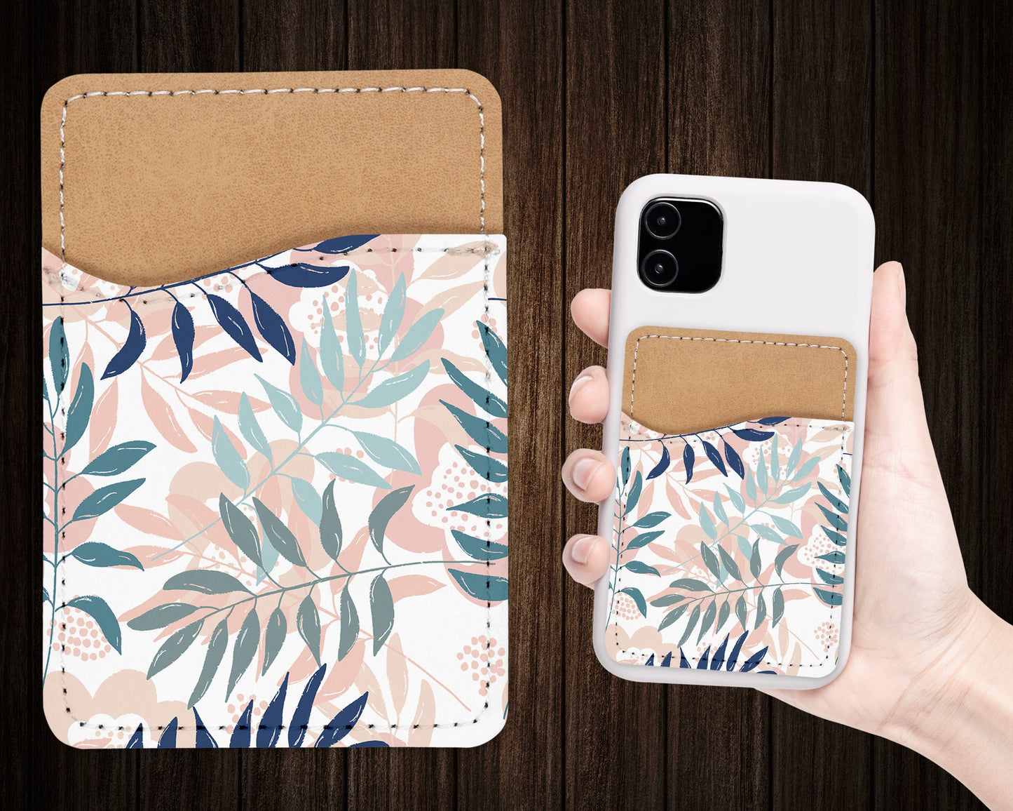 Leaves Pattern Phone Wallet - Nude Aesthetic Adhesive PU Leather Card Holder For Phone  - Custom Gift - Stick on Pocket - Card Caddy
