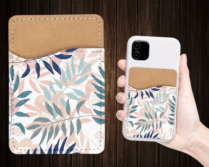 Leaves Pattern Phone Wallet - Nude Aesthetic Adhesive PU Leather Card Holder For Phone  - Custom Gift - Stick on Pocket - Card Caddy