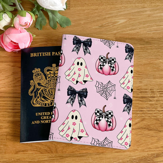 Coquette Bows and Ghosts Halloween Design Passport Cover - PU Leather Wallet Card Holder For Document - Custom Gift