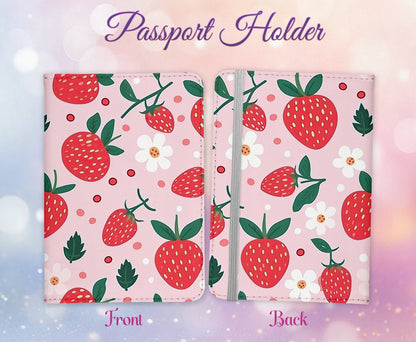 Cute Strawberries and Flowers Design Passport Cover - PU Leather Wallet Card Holder For Document - Custom Gift