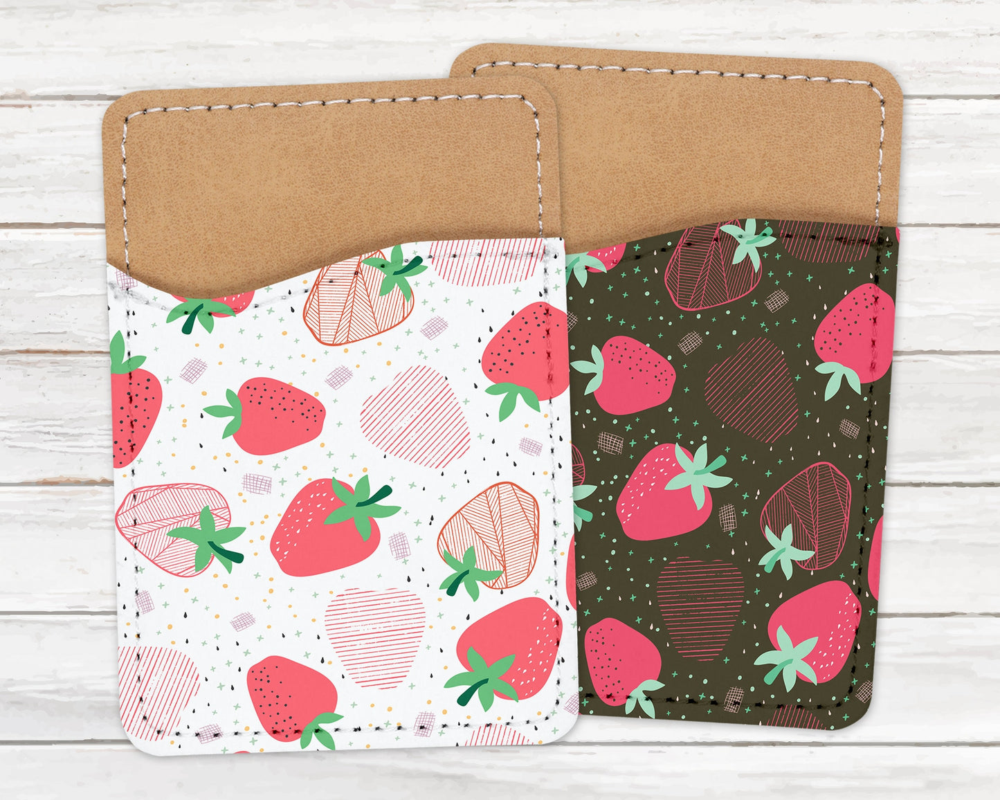 Cute Strawberry Phone Wallet - Adhesive PU Leather Card Holder For Phone - Customizable Gift - Stick on Pocket - Card Caddy