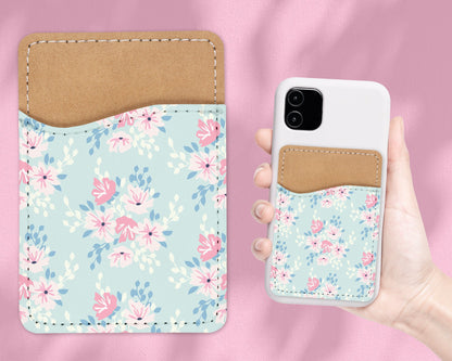 Cute Flower Pattern Phone Wallet - Adhesive PU Leather Card Holder For Phone  - Custom Gift - Stick on Pocket - Card Caddy