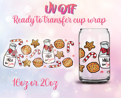 UV DTF Ready to Transfer Cup Wraps - Milk and Cookies Christmas Design DIY 16oz and 20oz Prints - Libbey Glass Can - Customizable