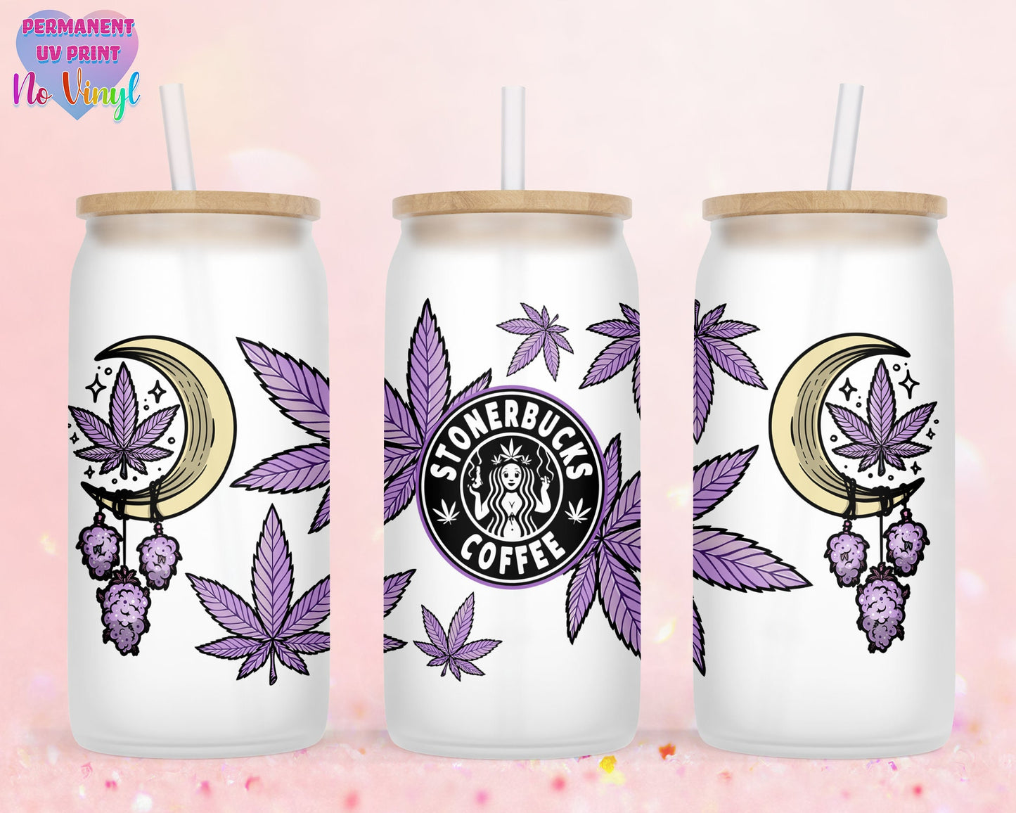 UVDTF Customized Glass Cup 16oz - Stonerbucks 4/20 Design - Clear or Frosted - Bamboo Lid - Customized Gifts