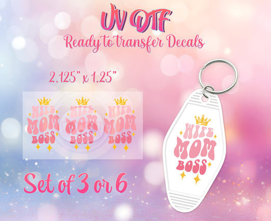 UV DTF Ready to Apply Keychain Transfers - Wife Mom Boss Design Prints - DiY Retro Motel Keychain Decal - Customizable