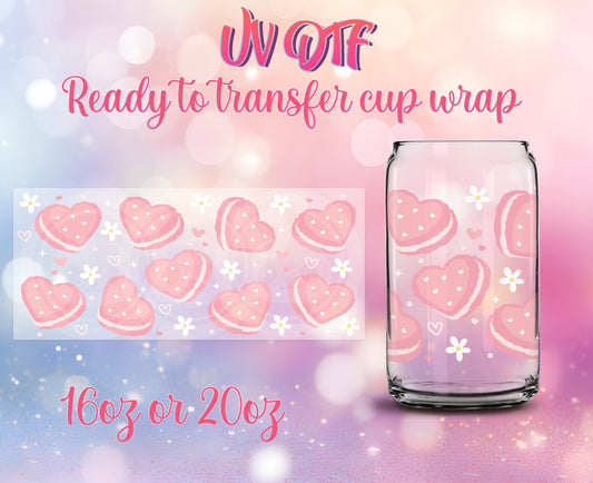 UV DTF Cup Wrap - Ready to Transfer  Cute Heart Cookies Design DIY 16oz and 20oz Prints - Libbey Glass Can - Customizable