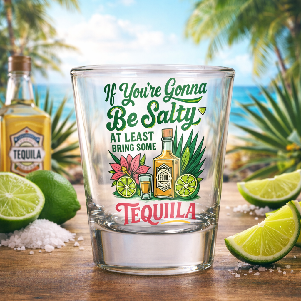 Tequila Shot Glass UV DTF Transfer – Funny Drinking Quote Decal – “If You’re Gonna Be Salty…” – Waterproof UV DTF for Glassware