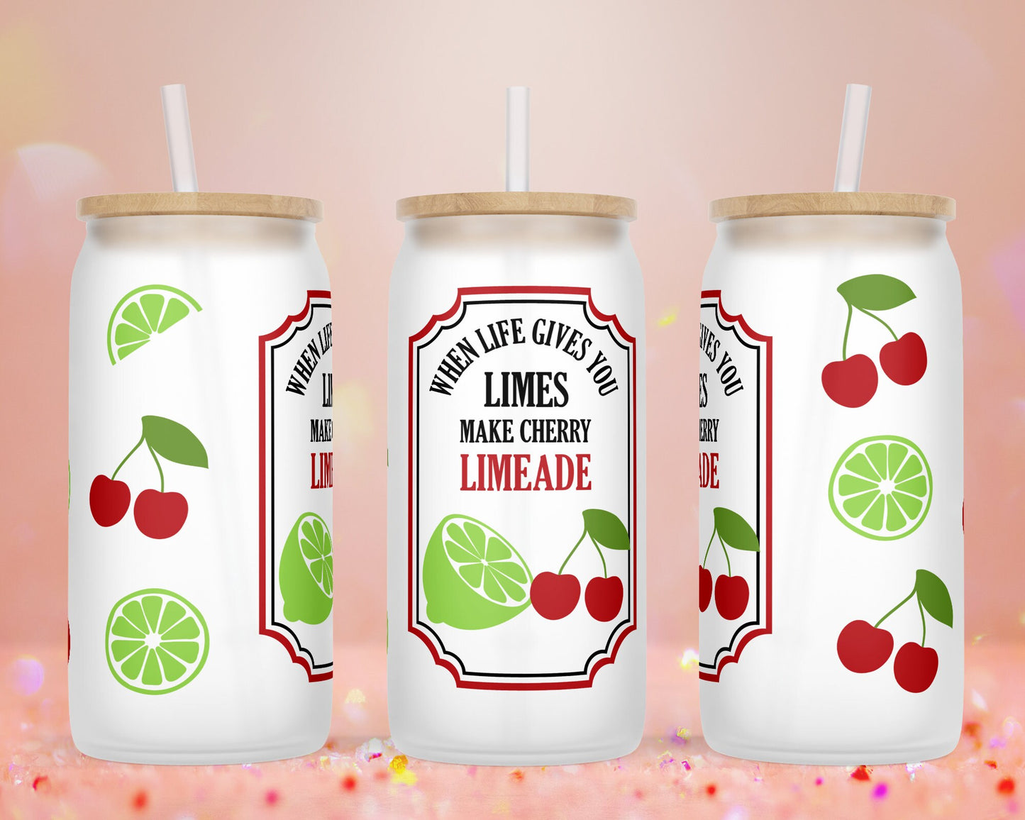 UVDTF Customized Glass Cup 16oz - When Life Gives You Limes Make Cherry Limeade Design - Bamboo Lid - Customized Gifts