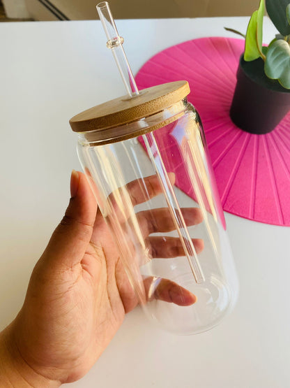 Blank Sublimation Beer Can Glass - Blank 16oz Glass - Soda Can Cup with Bamboo Lid and Straw - Tempered Borosilicate Glass