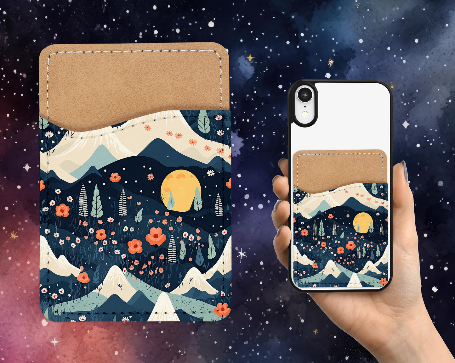 Mystic Floral Mountain Phone Card Holder - Blue Black Nature Aesthetic Adhesive Wallet for Phone