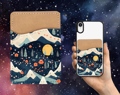 Mystic Floral Mountain Phone Card Holder - Blue Black Nature Aesthetic Adhesive Wallet for Phone