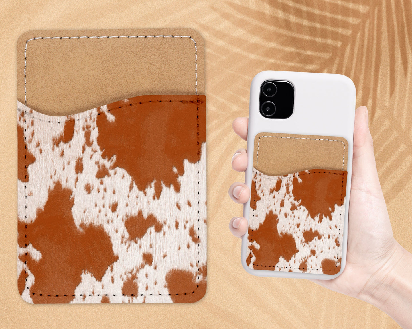 Fuzzy Cow Print Phone Wallet - Adhesive PU Leather Card Holder For Phone - Animal Print Custom Gift - Stick on Pocket - Card Caddy