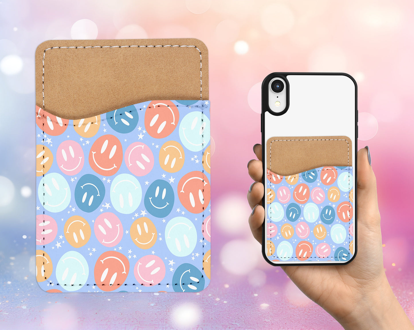 Smileys Design Phone Wallet - 70s 80s Groovy Adhesive PU Leather Card Holder For Phone - Custom Gift - Stick on Pocket - Card Caddy
