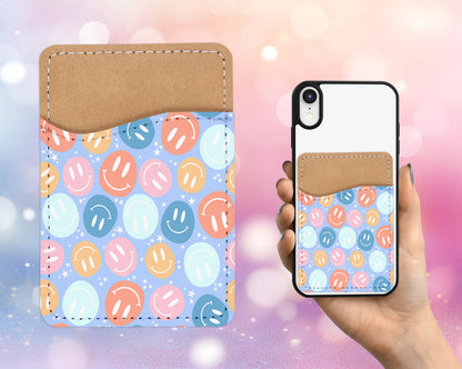 Smileys Design Phone Wallet - 70s 80s Groovy Adhesive PU Leather Card Holder For Phone - Custom Gift - Stick on Pocket - Card Caddy
