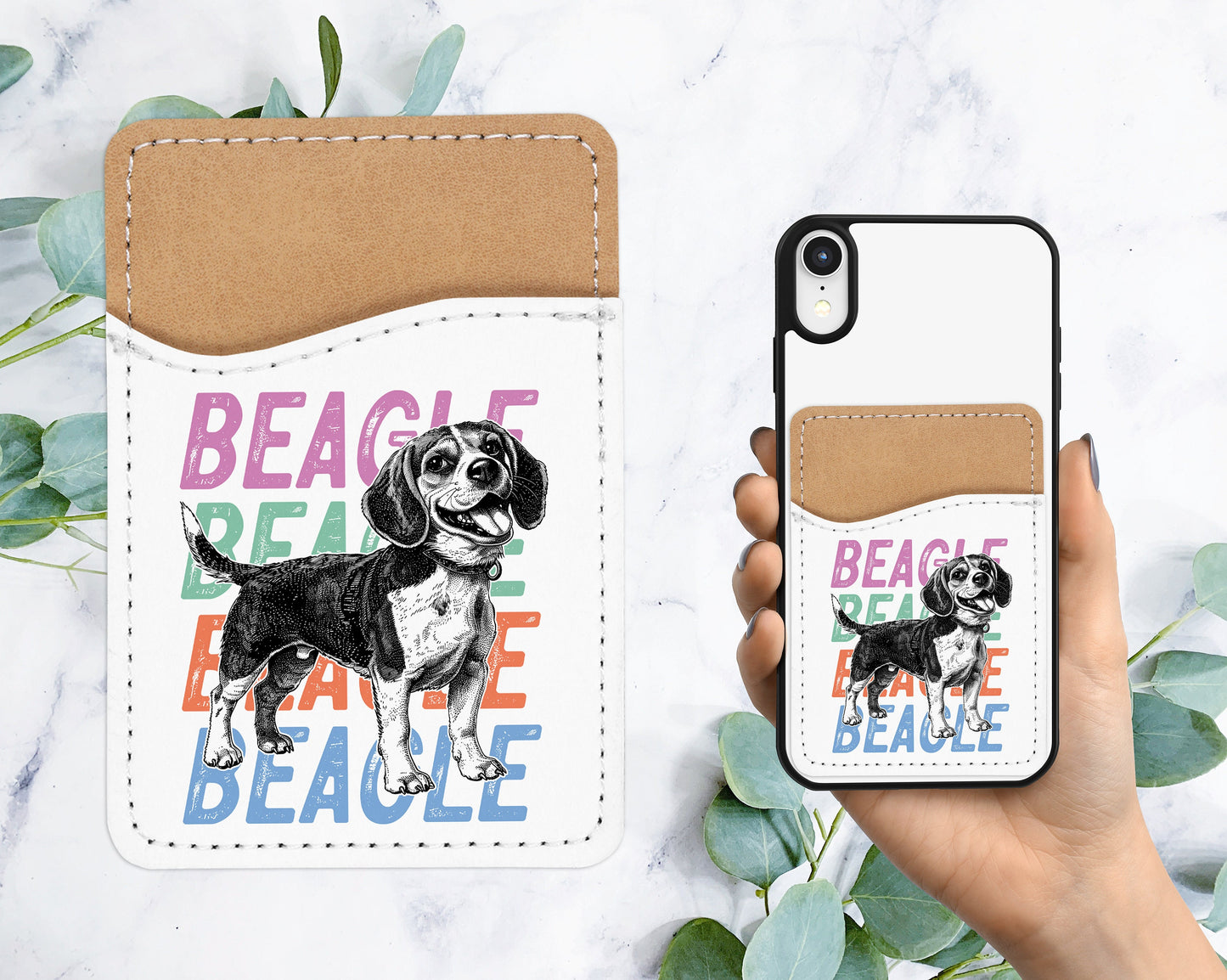 Cute Beagle Phone Wallet - Adhesive PU Leather Card Holder For Phone - Pet Dog Custom Gift - Stick on Pocket - Card Caddy