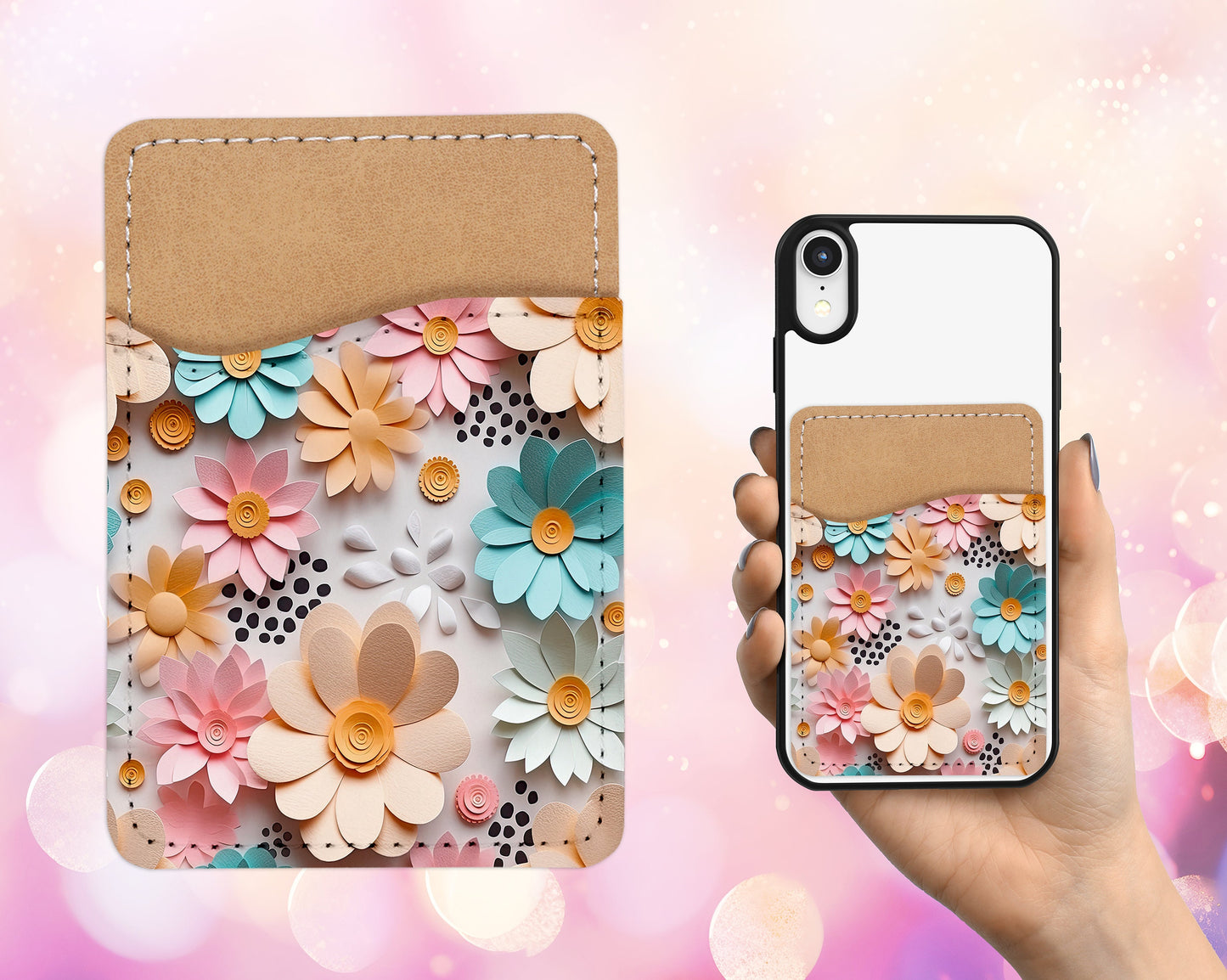 3D Flower Design Phone Wallet - Pastels Adhesive PU Leather Card Holder For Phone - Custom Gift - Stick on Pocket - Card Caddy
