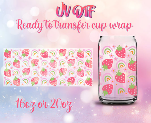 UV DTF Cup Wrap - Ready to Transfer  Strawberries and Rainbows DIY 16oz and 20oz Prints - Libbey Glass Can - Customizable