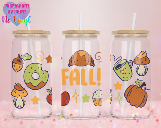 UVDTF Customized Glass Cup 16oz - Kawaii Fall Design - Clear or Frosted - Bamboo Lid - Customized Gifts