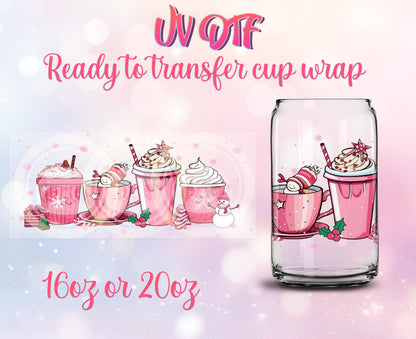UV DTF Ready to Transfer Cup Wraps - Pink Cups Christmas Design DIY 16oz and 20oz Prints - Libbey Glass Can - Customizable