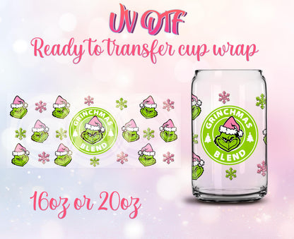 UV DTF Ready to Transfer Cup Wraps - Grinchmas Blend - Christmas Design DIY 16oz and 20oz Prints - Libbey Glass Can - Customizable