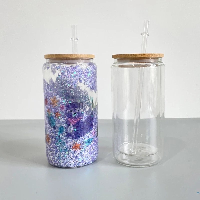 Blank Sublimation Snowglobe Beer Can Glass - Double Walled 12oz and 15oz Glass - Soda Can Cup with Bamboo Lid and Straw