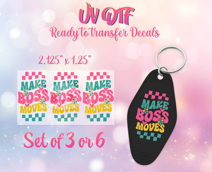 UV DTF Ready to Apply Keychain Transfers -Make Boss Moves Design Prints - Boss Babe - DIY Retro Motel Keychain Decal - Customizable