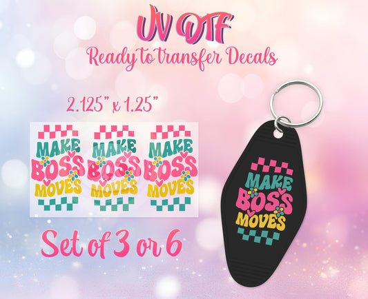 UV DTF Ready to Apply Keychain Transfers -Make Boss Moves Design Prints - Boss Babe - DIY Retro Motel Keychain Decal - Customizable